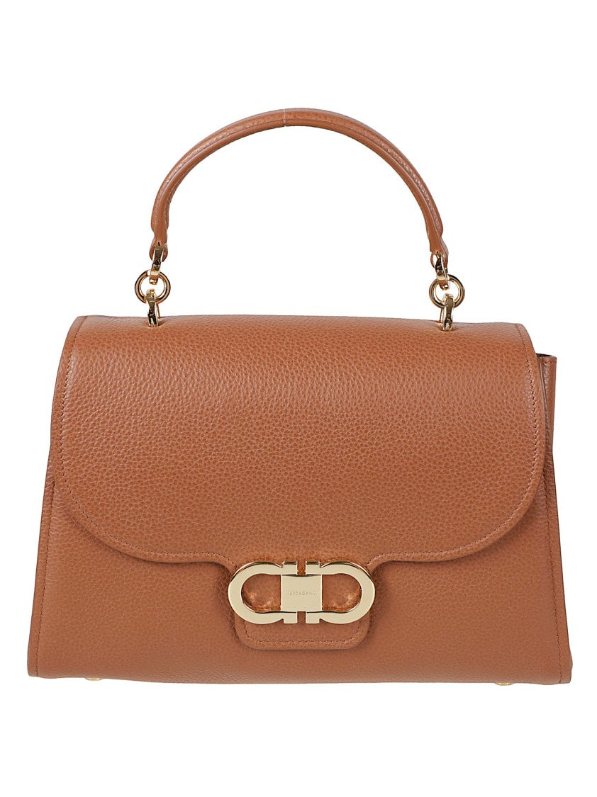 Ferragamo Structured Handbag In Smooth Pebbled Leather With Gold-Tone Clasp
