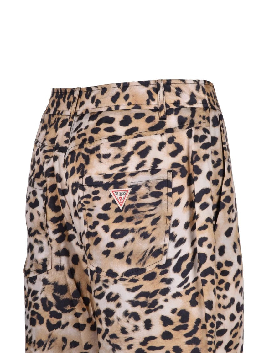 Guess Beige And Black Leopard Print Satin Wide Leg Trousers