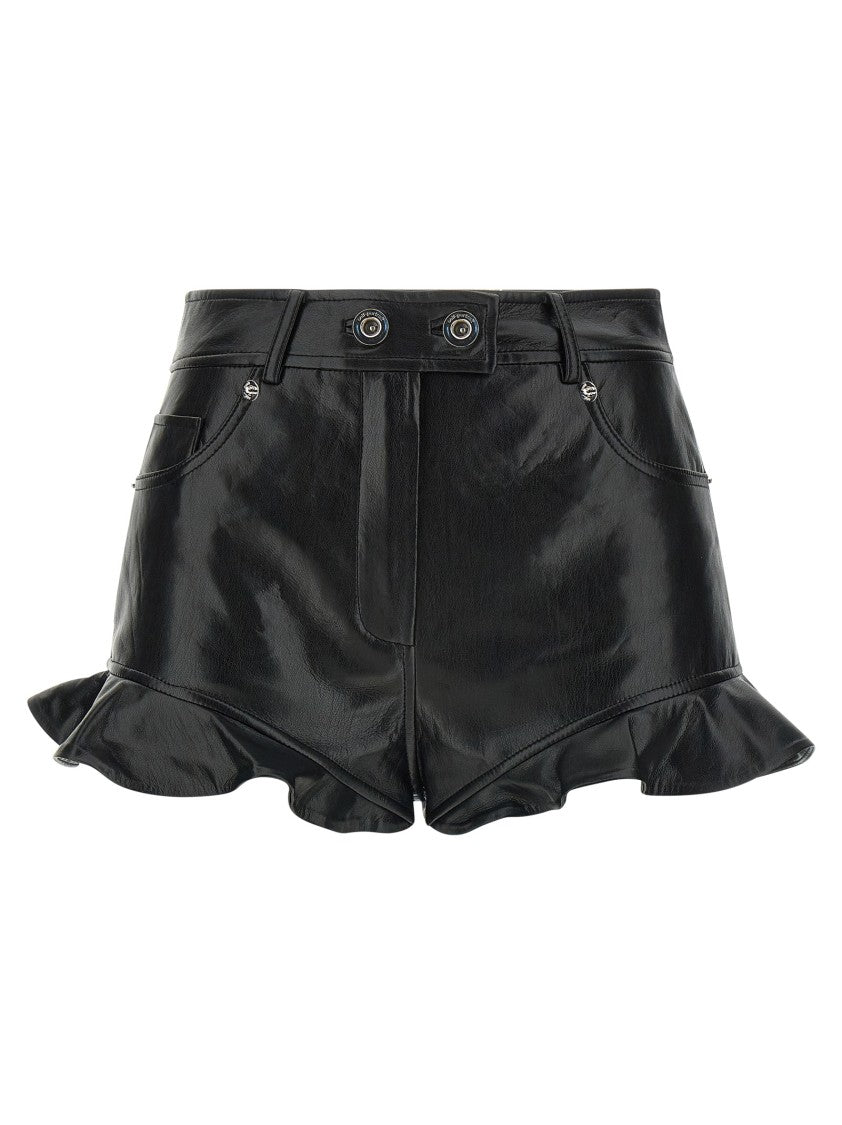 Self-Portrait High-Waisted Black Ruffled Hem Leather-Effect Shorts