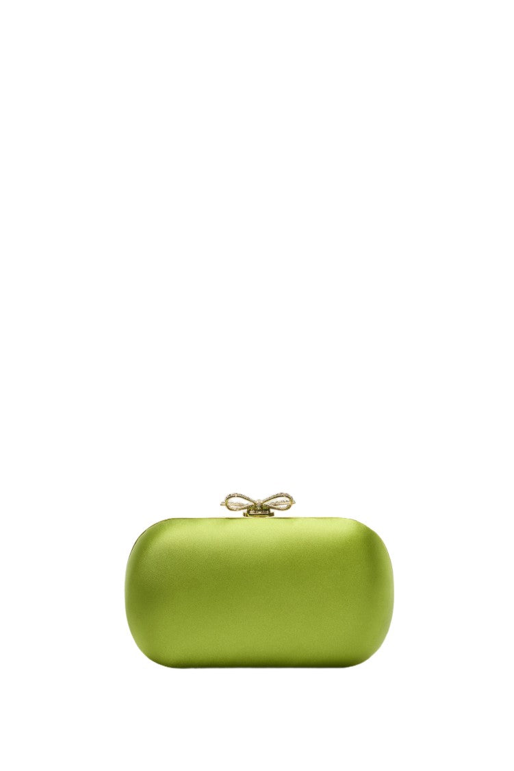 Self-Portrait Lustrous Green Satin Clutch Bag With Crystal Bow Detail