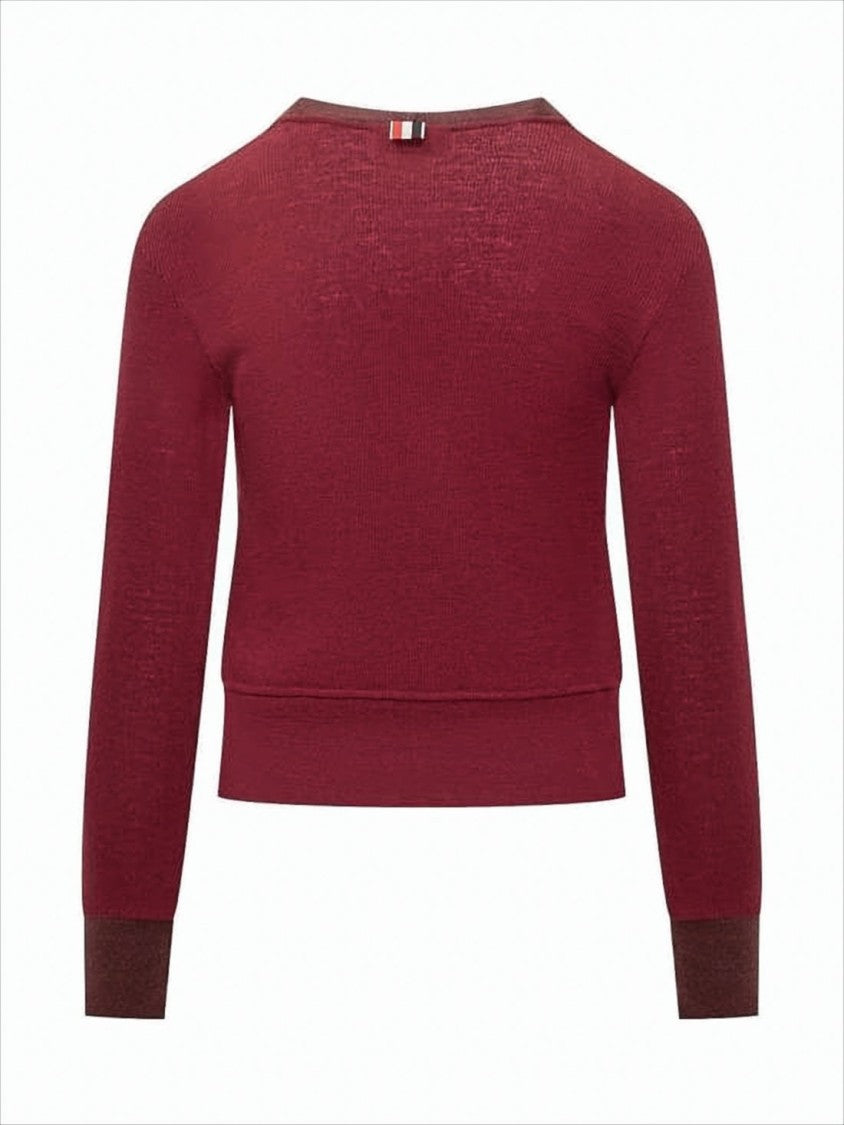 Thom Browne Cropped Burgundy Cardigan With Deep V-Neckline And Ribbed Details