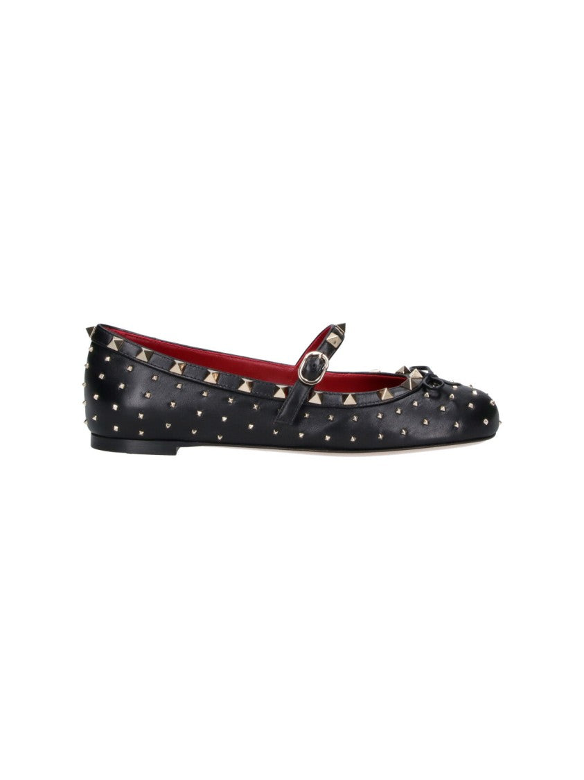 Valentino Garavani Rockstud Rounded Toe Adjustable Strap Leather Ballet Flats