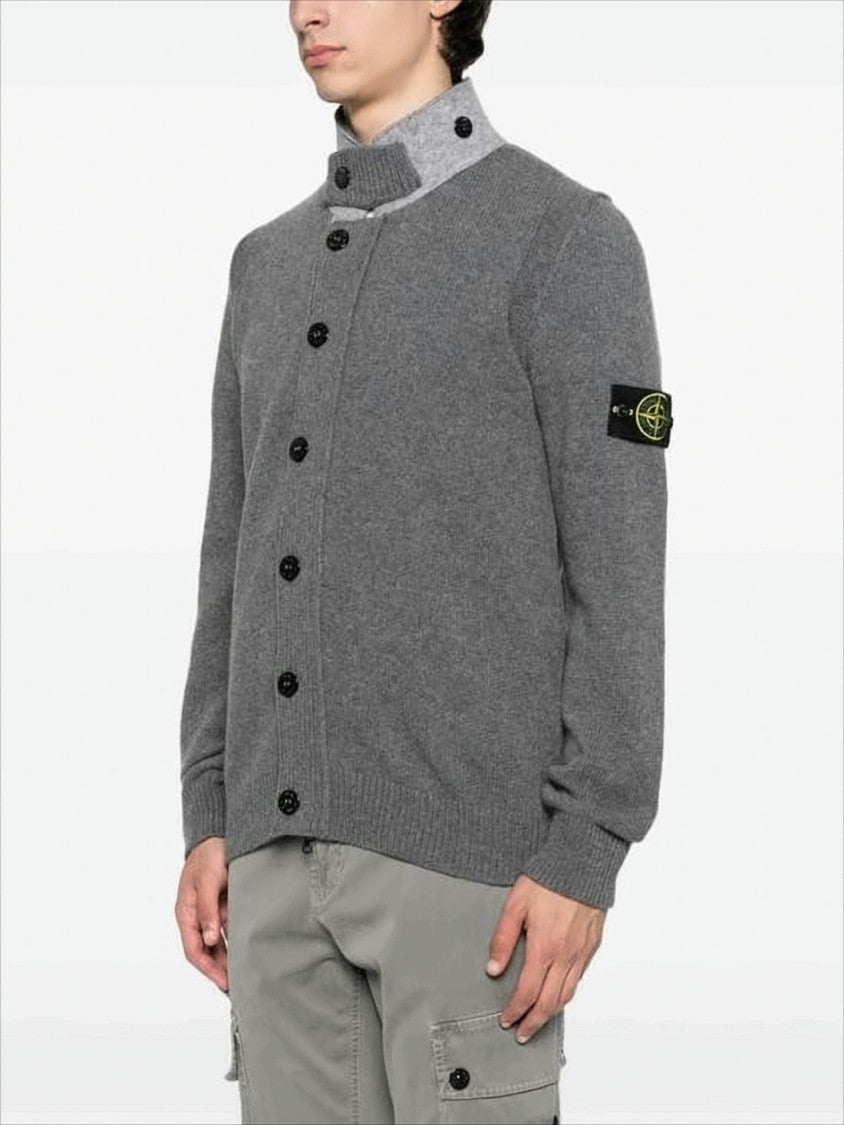 Stone Island Soft Grey Knit Cardigan With Button-Up Front And Signature Patch