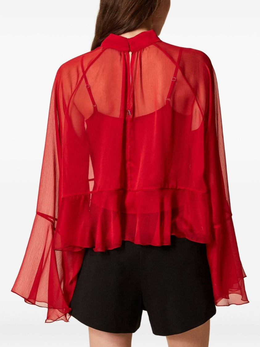 Twin-Set Cropped Red Sheer Blouse With Bell Sleeves
