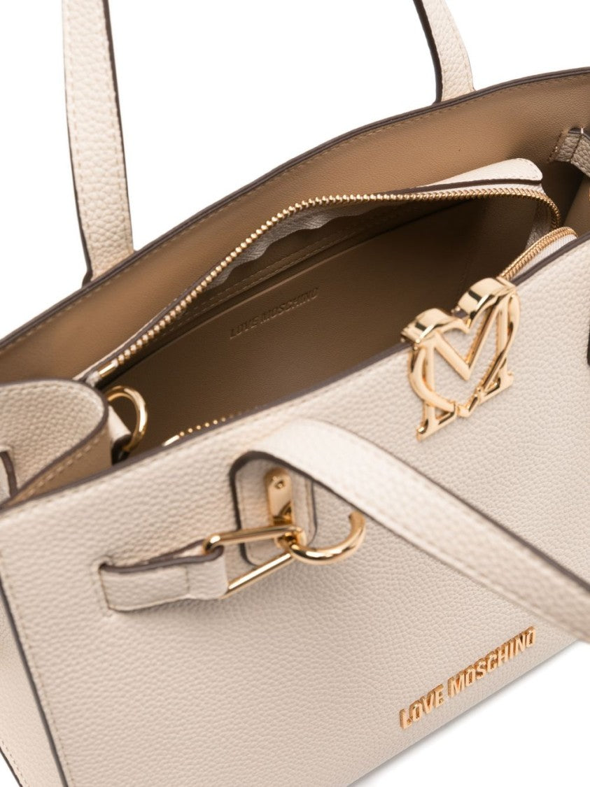 Love Moschino Ivory Textured Polyurethane Shopper Bag With Gold-Tone Hardware