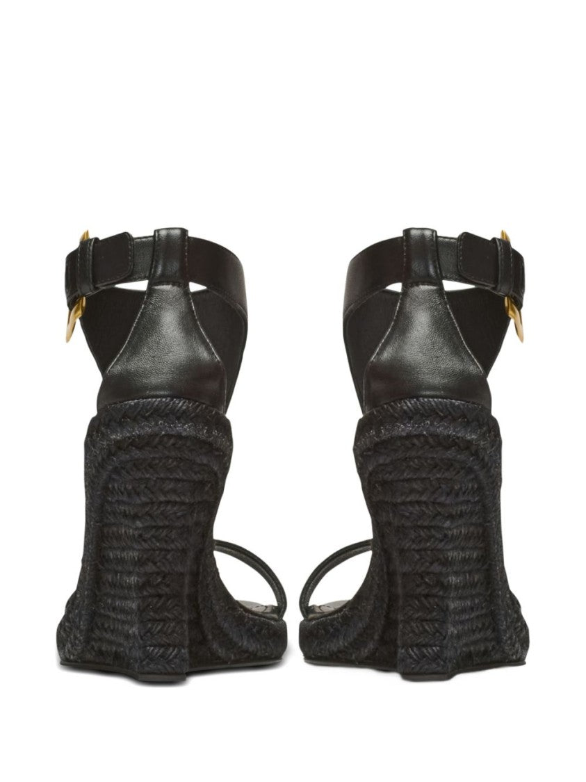 Balmain Black Textured Woven Wedge Sandals