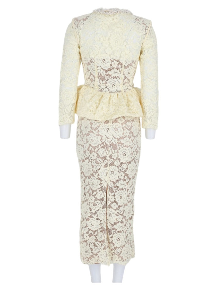 Self-Portrait Yellow Lace Peplum Overlay Polyester Midi Dress
