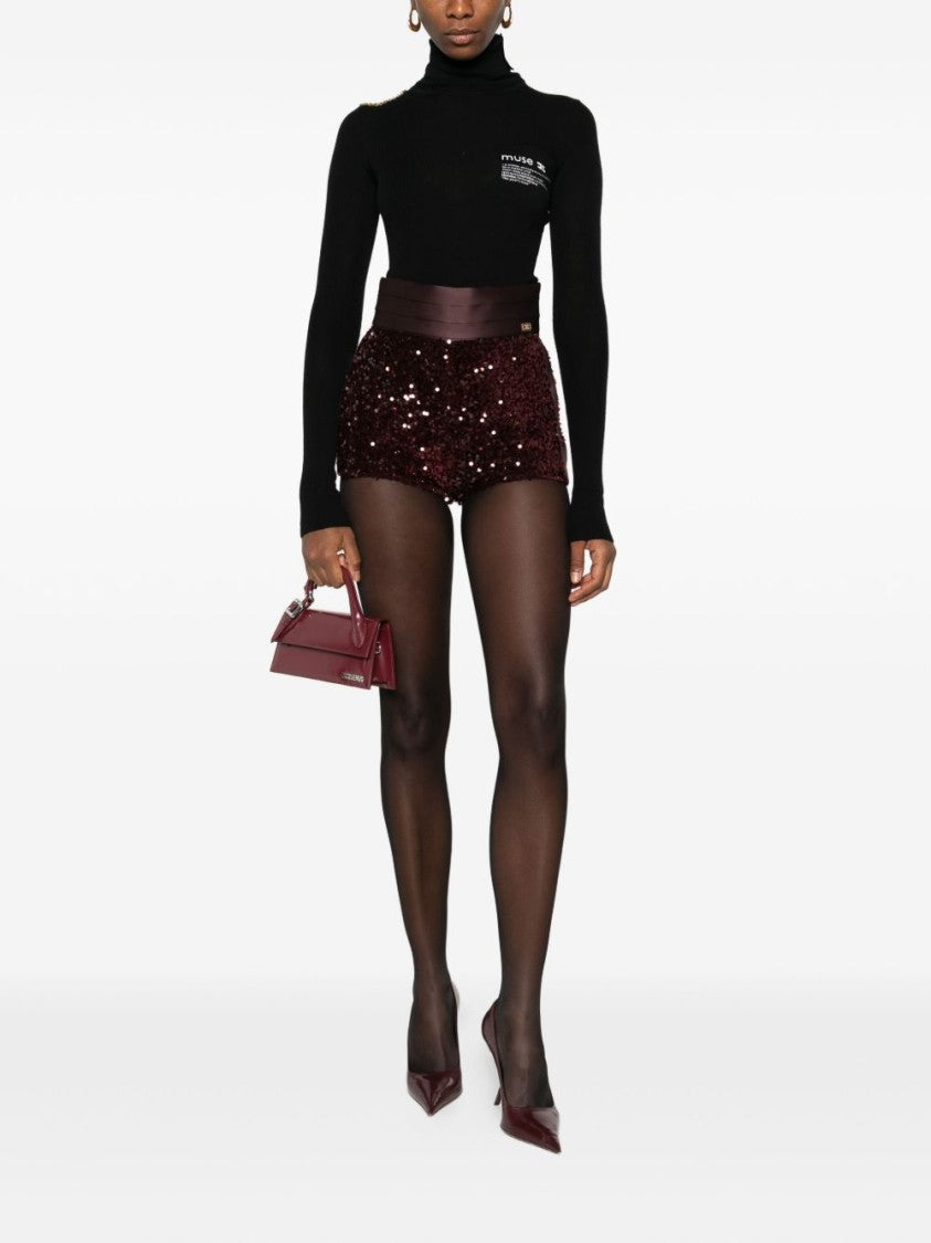 Elisabetta Franchi High-Waisted Sequined Bordeaux Bermudas