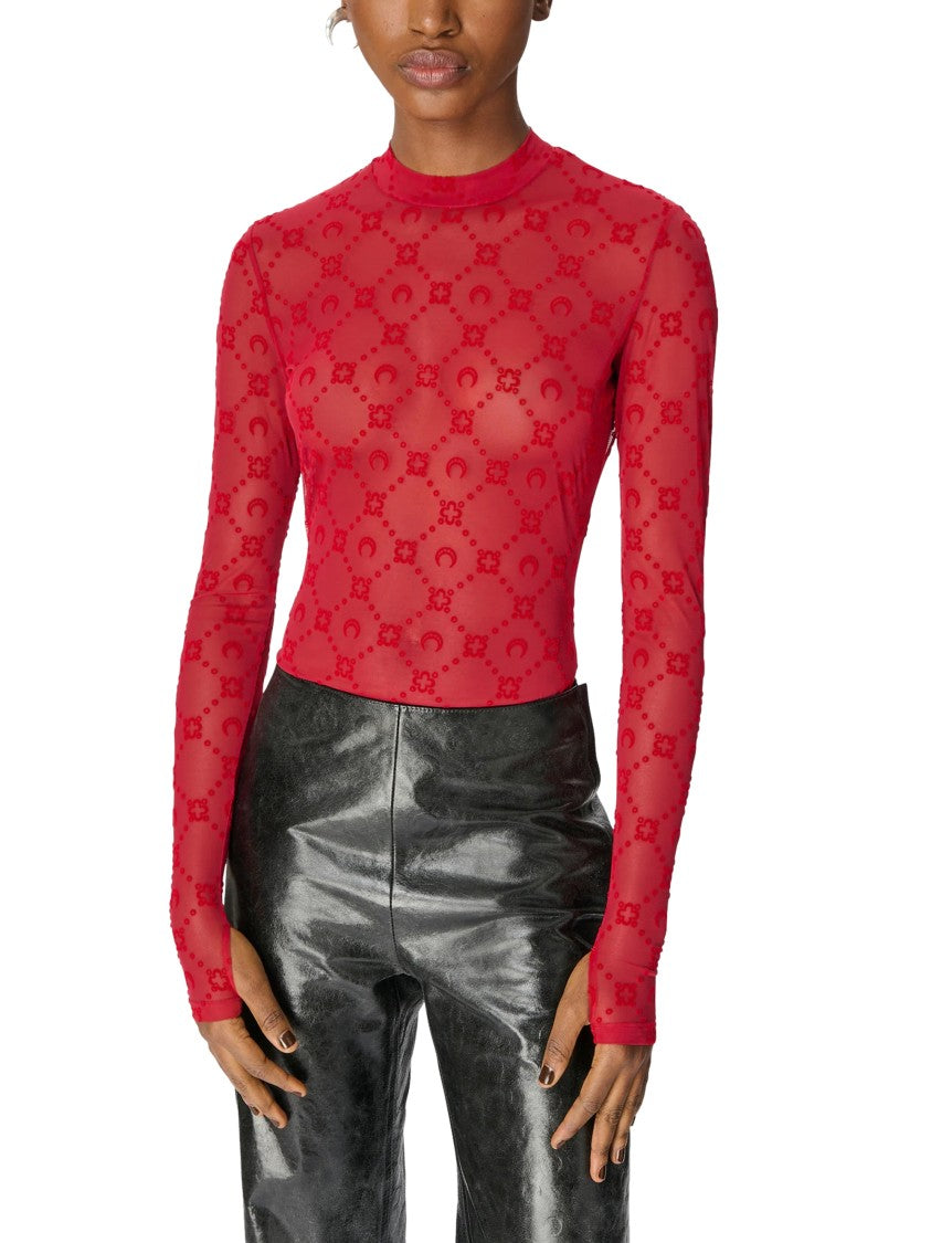 Marine Serre Fitted Sheer Mesh High-Neck Top With Moonogram Motifs