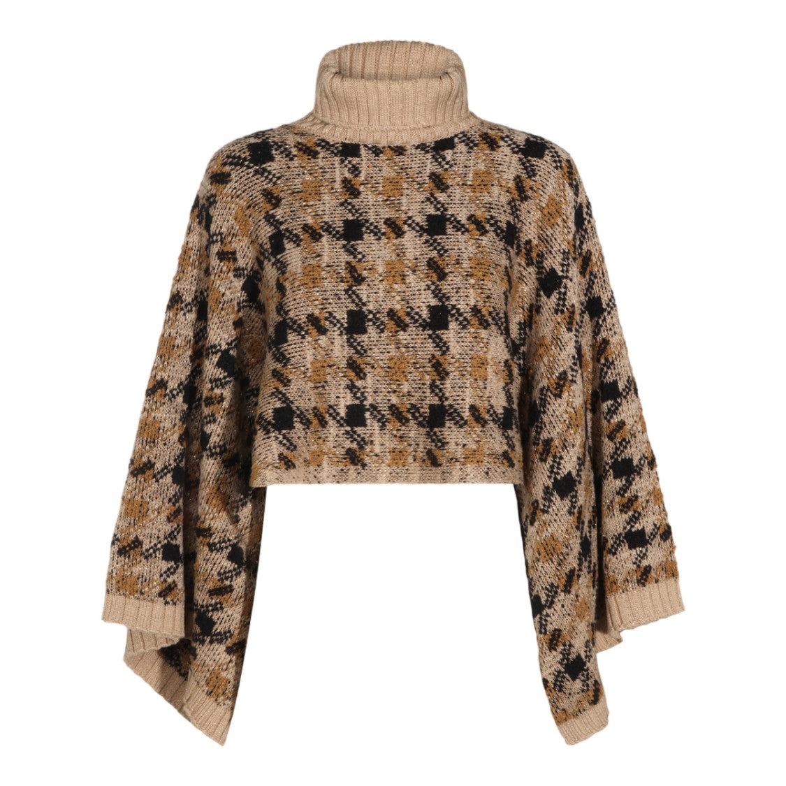 Twin-Set Checkered Cropped Poncho Turtleneck Sweater