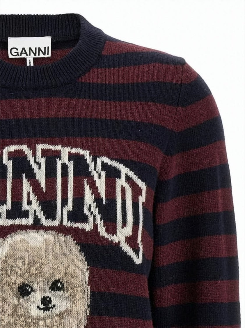 Ganni Horizontal Stripe Knit Sweater With Playful Dog Graphic