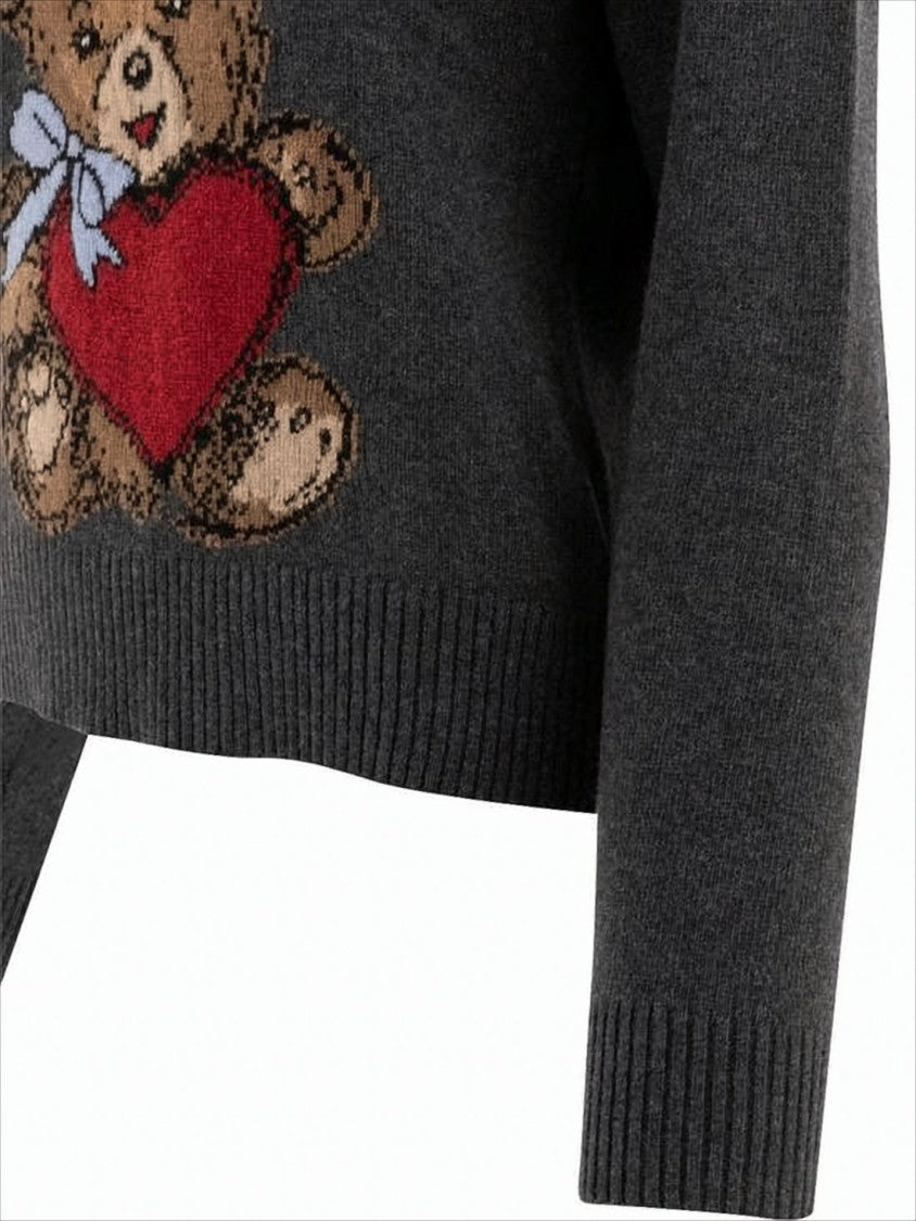 Ganni Cropped Dark Grey Knit Sweater With Teddy Bear Graphic