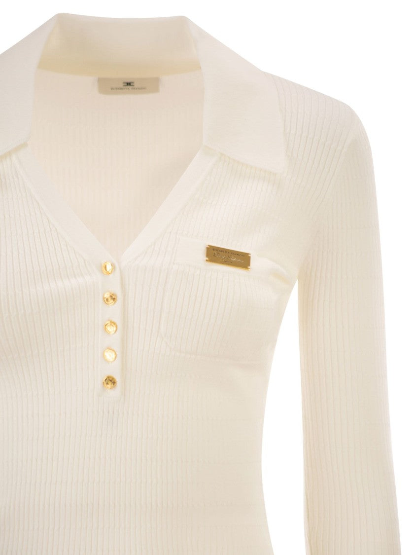 Elisabetta Franchi Micro-Braided Ribbed Knit Polo Shirt With Gold Accents