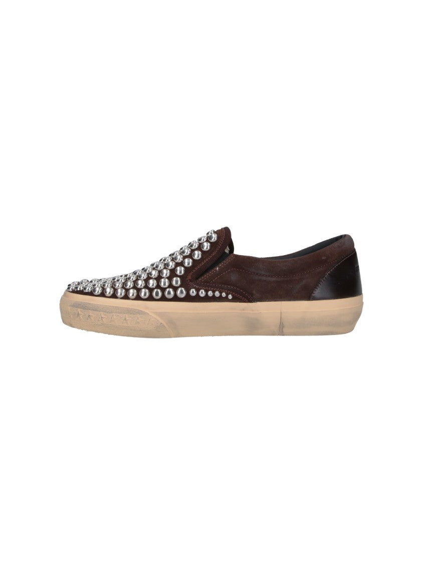Golden Goose Dark Brown Slip-On Sneakers With Silver-Studded Design
