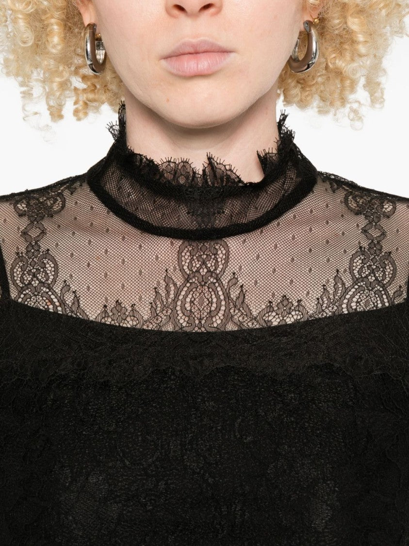 Twin-Set Long-Sleeved Black Lace Overlay Top
