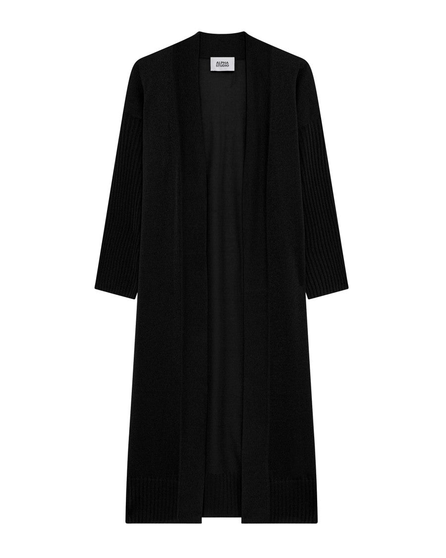 Alpha Studio Open-Front Long Black Cardigan In Shiny Viscose Blend