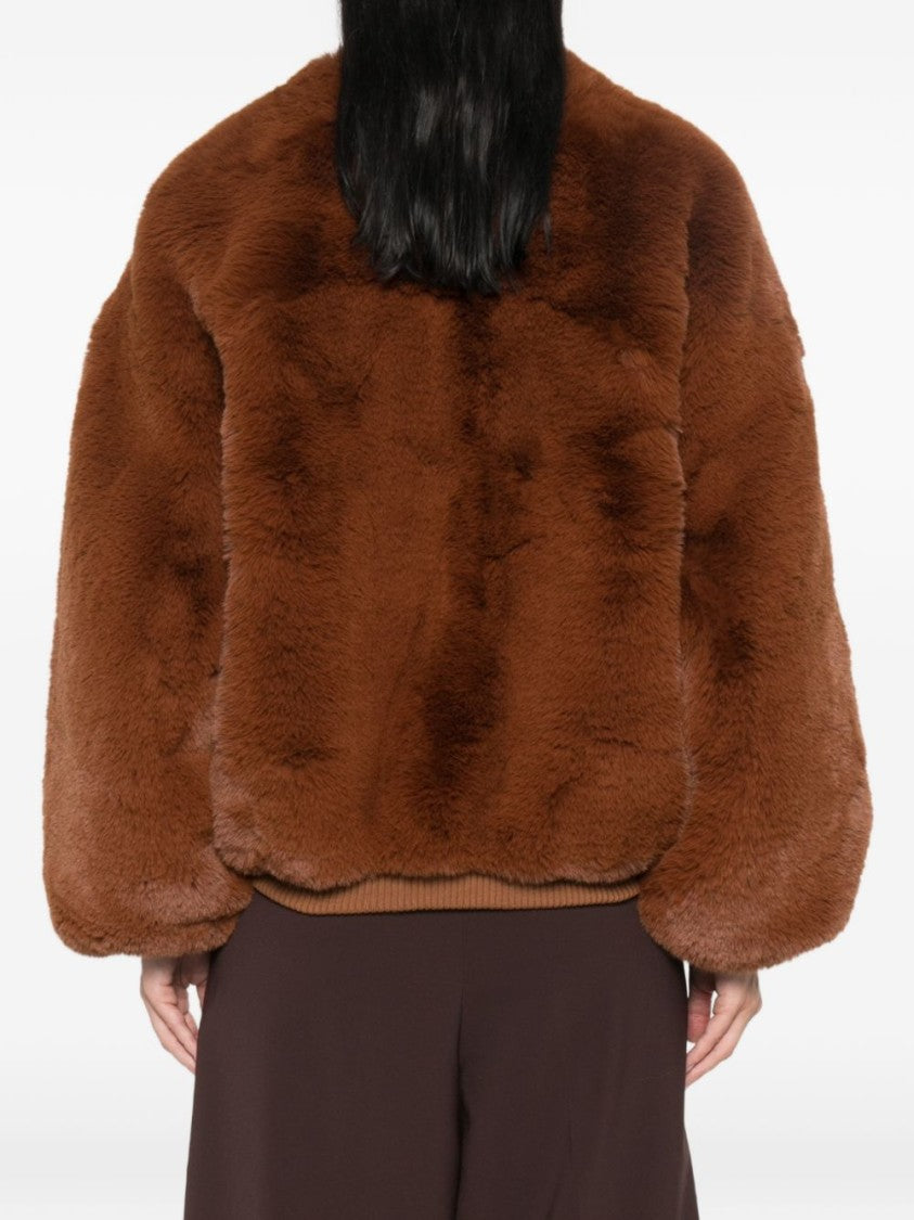 The Frankie Shop Brown Cropped Ribbed Faux Fur Jacket