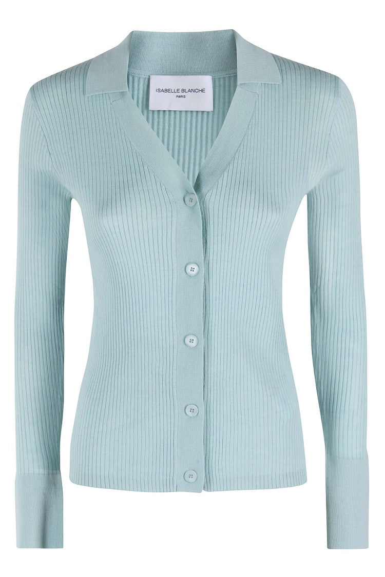 Isabelle Blanche V-Neck Ribbed Knit Polo Shirt