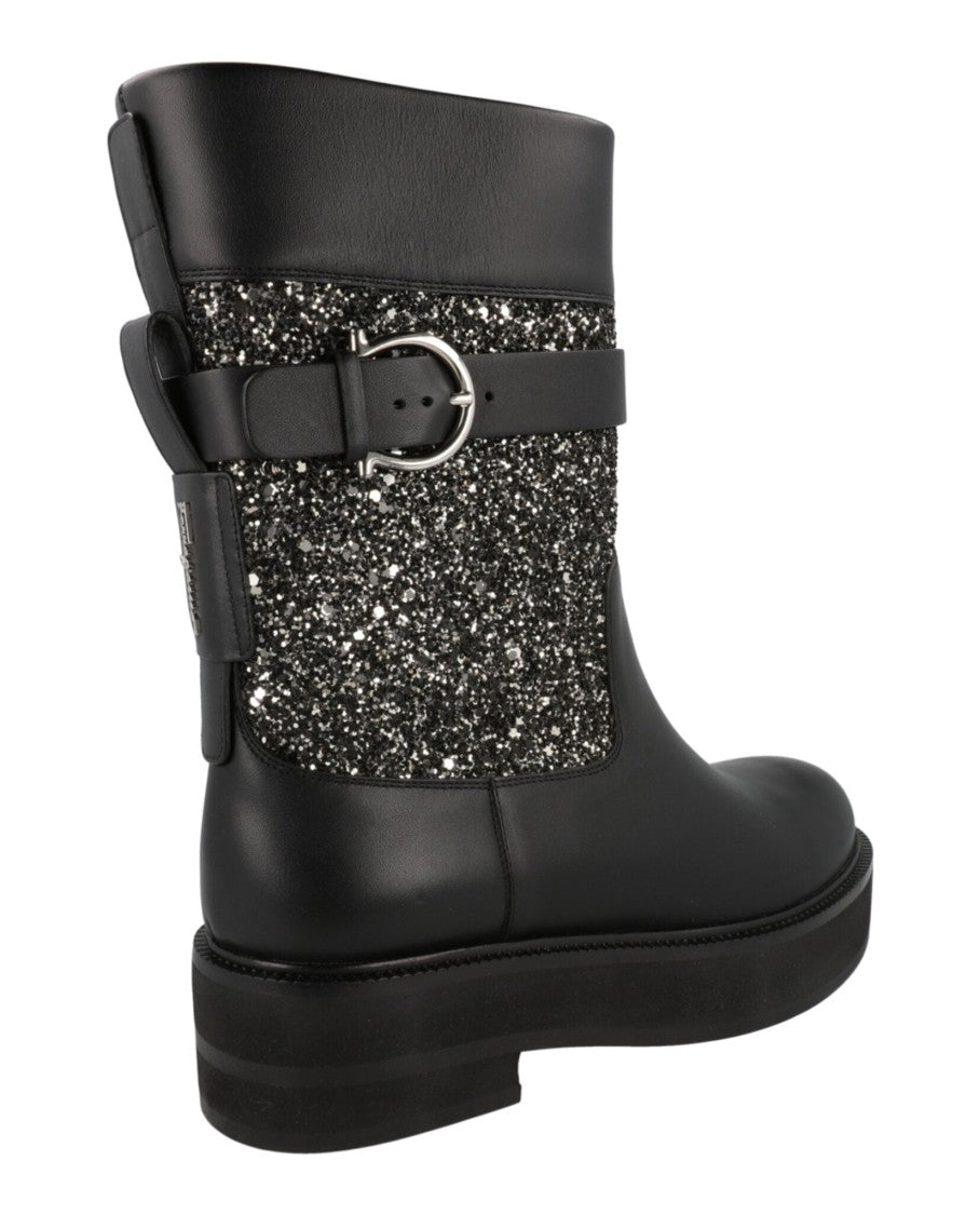 Ferragamo Glitter-Accented Ankle Boots With Block Heel
