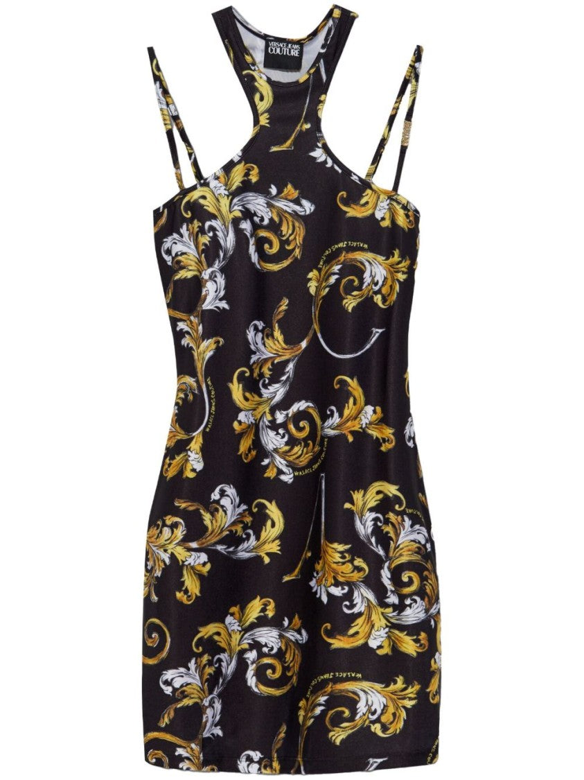 Versace Jeans Couture Form-Fitting Black Dress With Gold Baroque Patterns