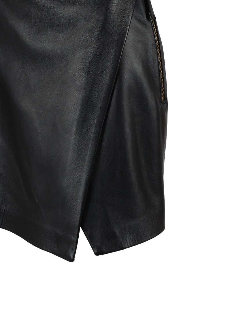 Elisabetta Franchi Fitted Black Sheepskin Skirt With Subtle Wrap Design