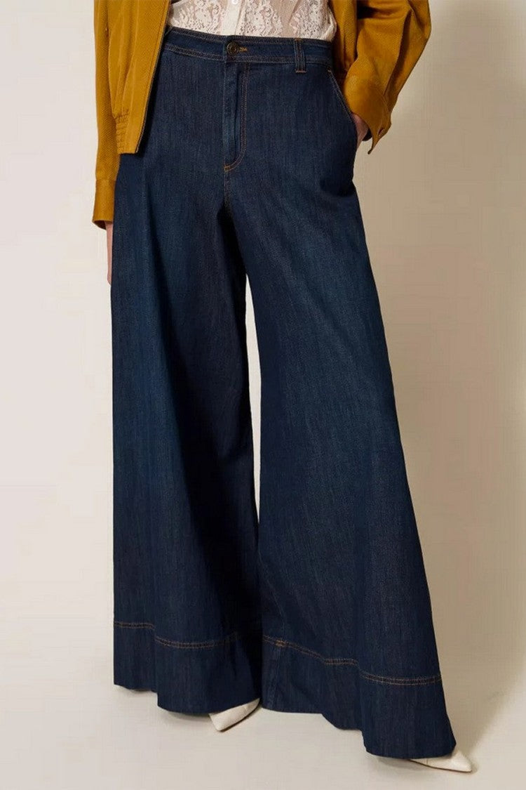 Twin-Set Blue Cotton-Elastane Wide-Leg Denim Trousers