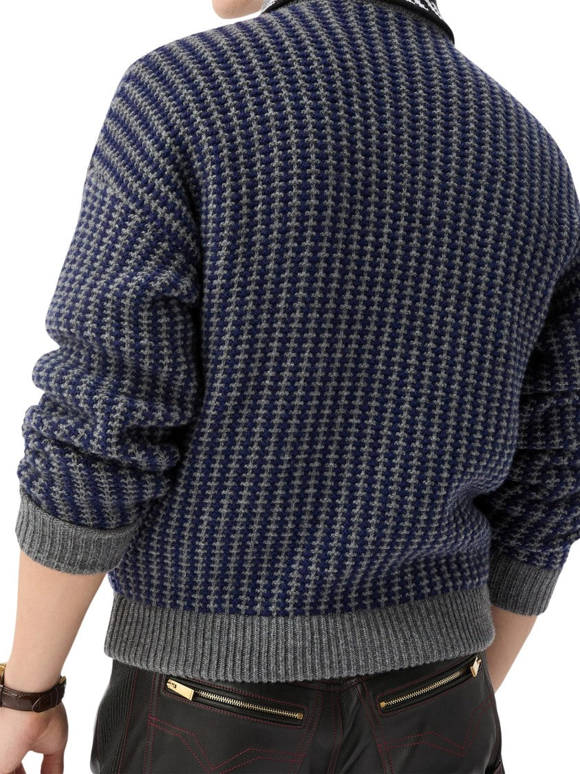 Versace Waffle Knit Zip Cardigan With Geometric Intarsia Motif