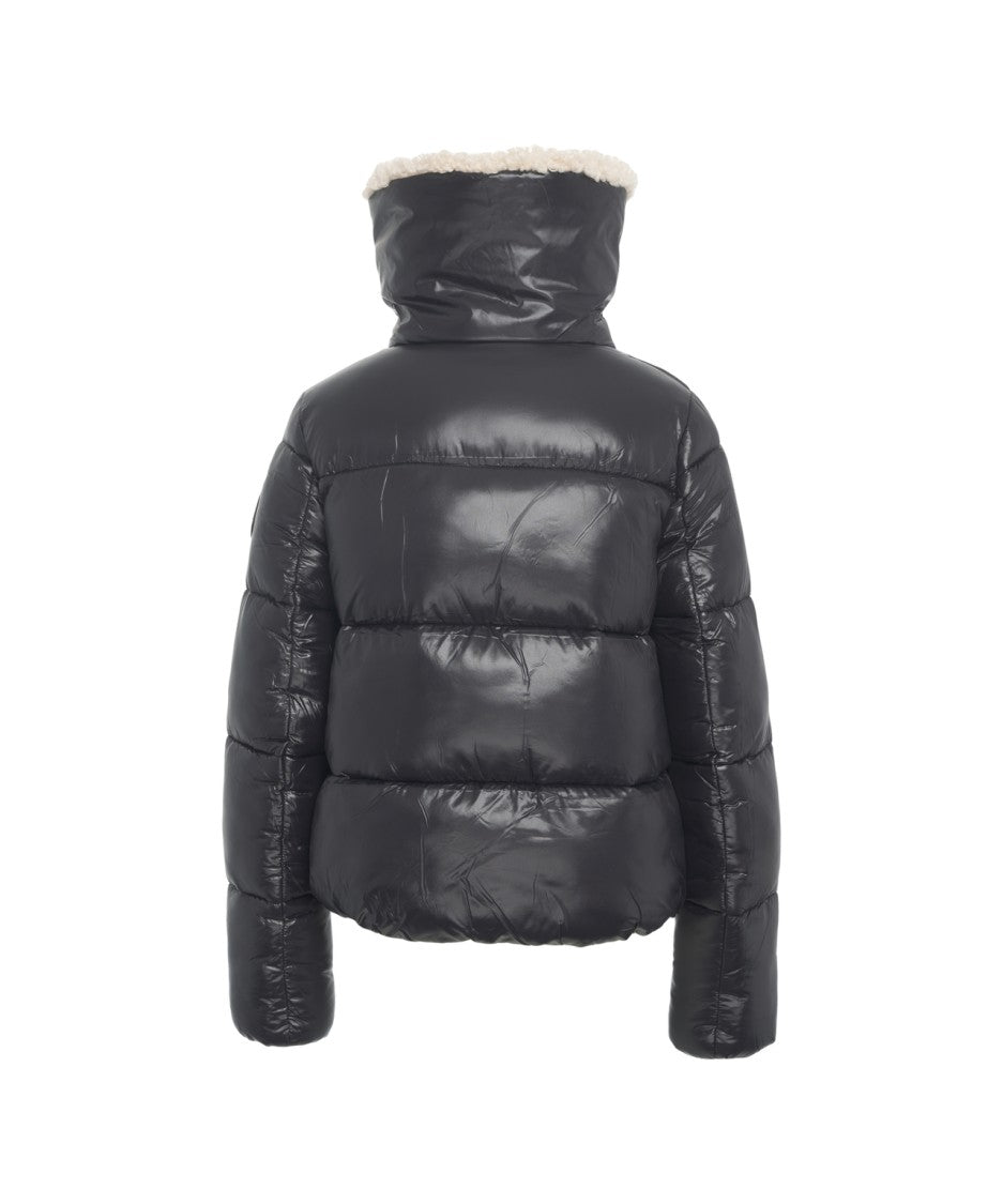 Save The Duck Glossy Black Puffer Jacket With Faux Fur Collar