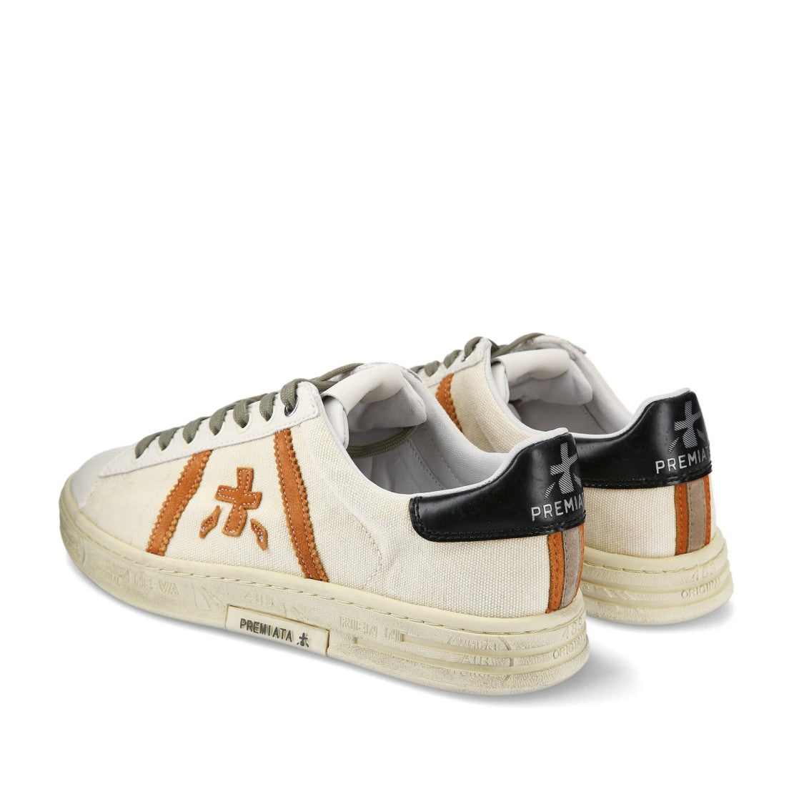 Premiata Russell Sneakers In White Leather And Natural Canvas
