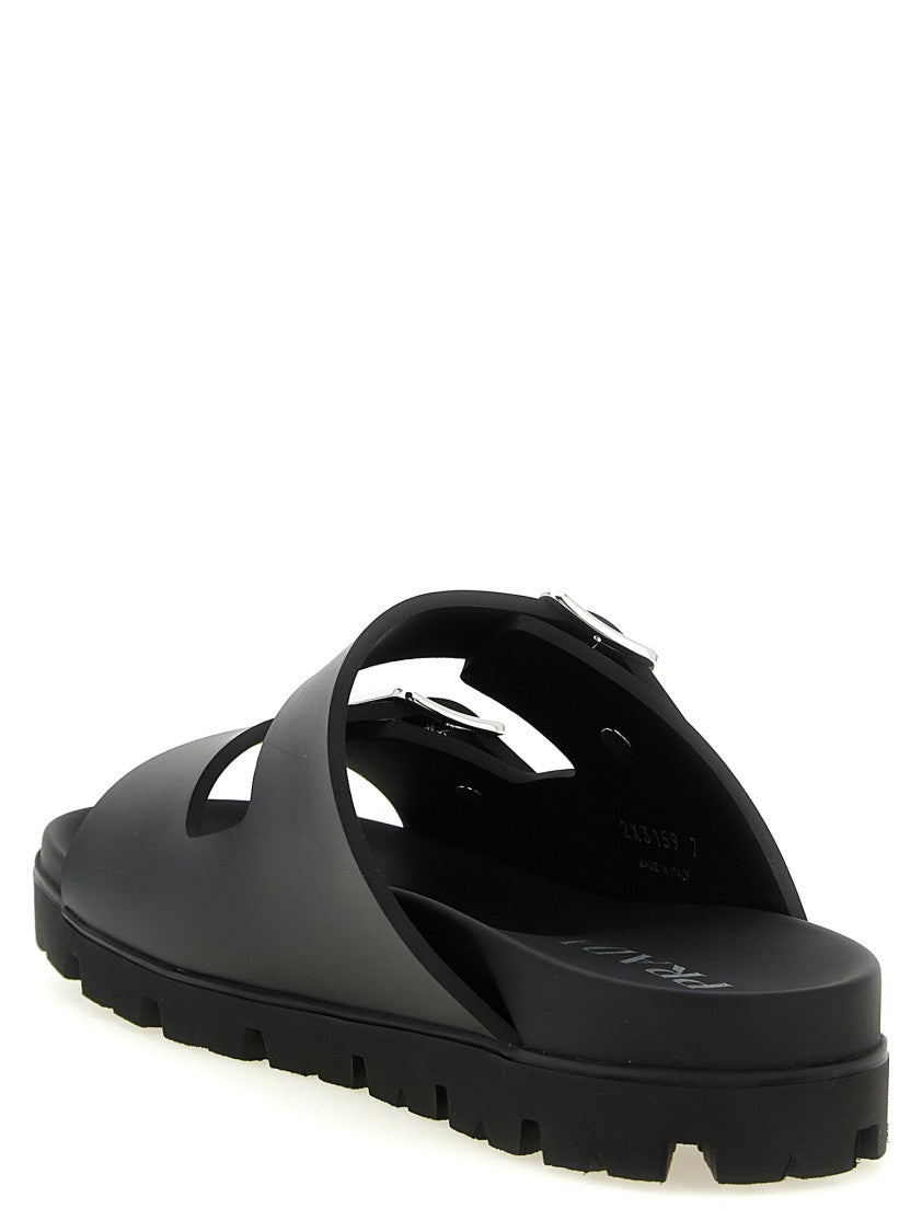 Prada Black Rubber Slides With Adjustable Double Strap