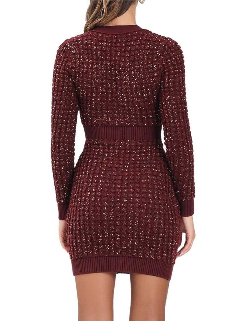 Elisabetta Franchi Textured Knit Fitted Dress With Deep V-Neckline