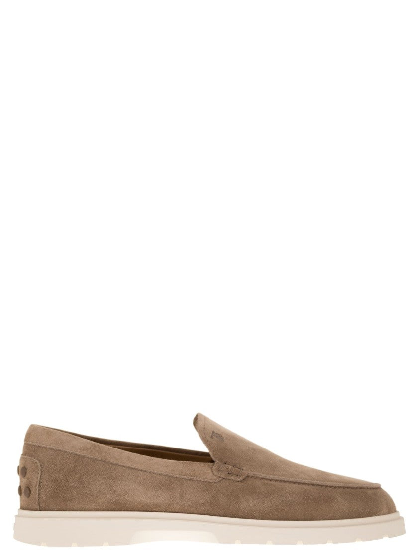 Tod's Brown Suede Slipper Moccasin With Embossed Monogram