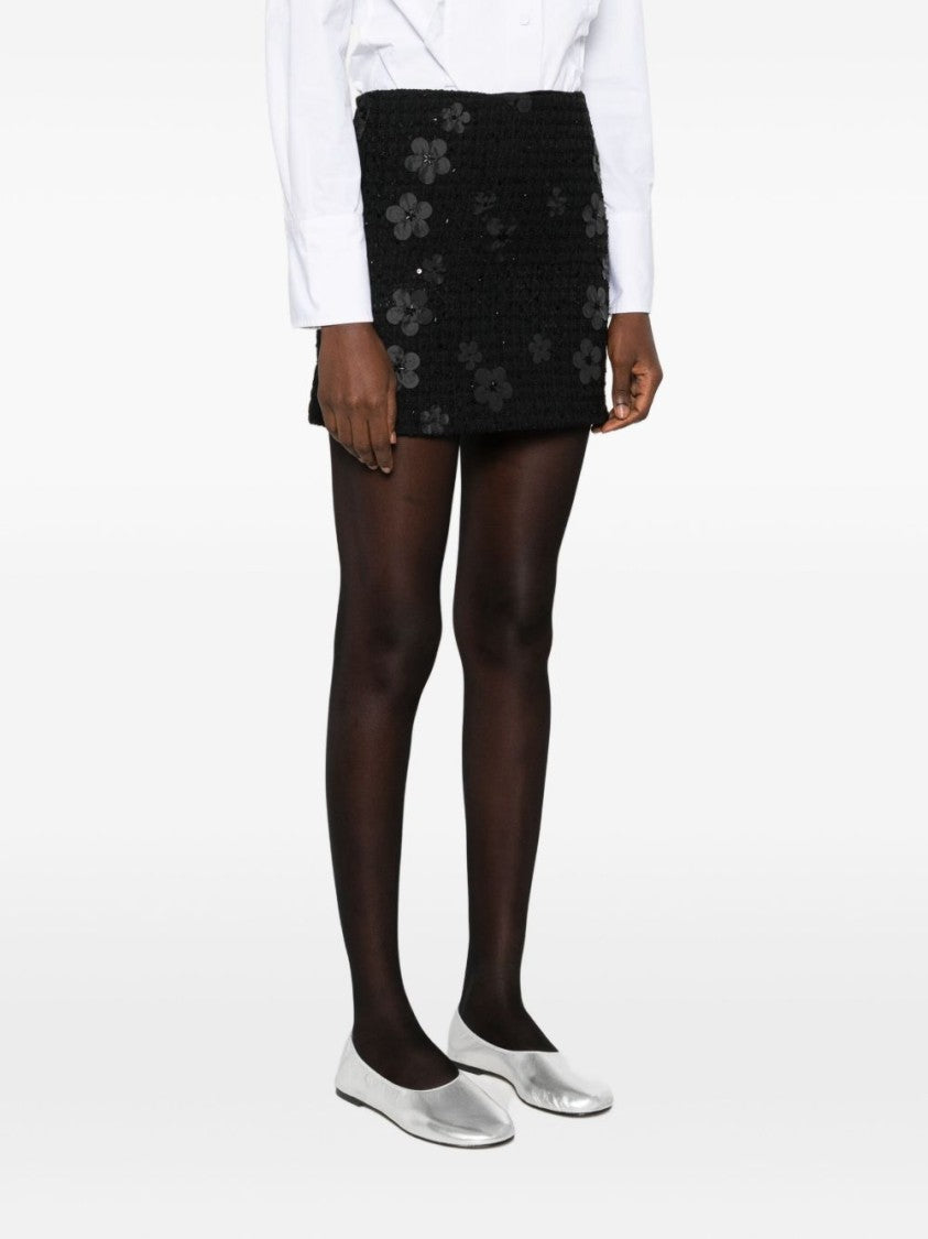 Twin-Set Textured Black Mini Skirt With Floral Appliqués