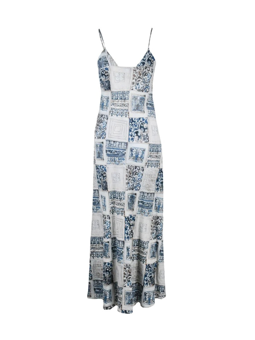 Eleventy Blue Beige Long Flared Linen Dress