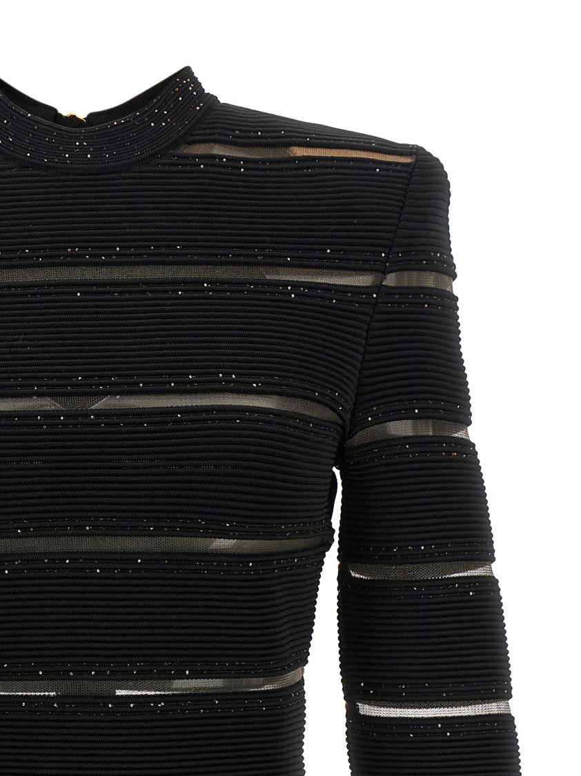 Balmain Fitted Black Mini Dress With Mesh Inserts And Sequin Detailing