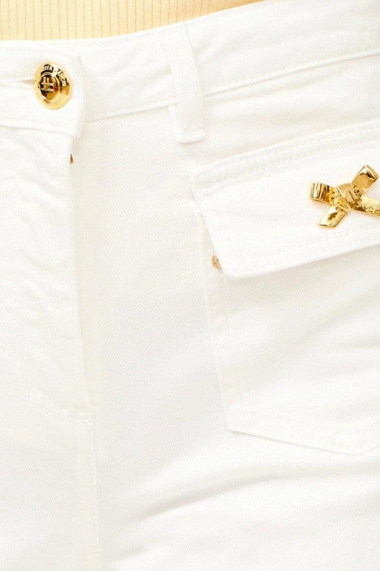 Elisabetta Franchi White Flap Pocket Gold Bow Accent Cotton Wide-Leg Jeans