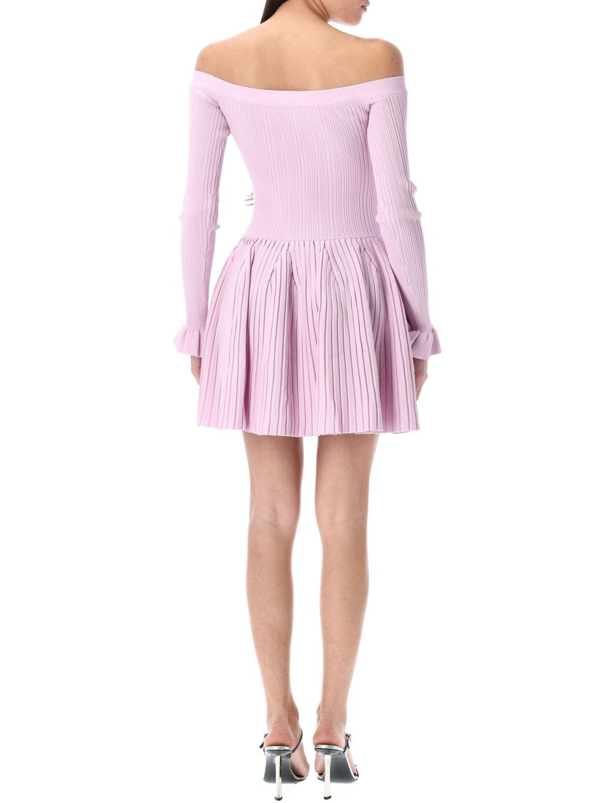 Self-Portrait Pink Ribbed Knit Off Shoulder Mini Dress