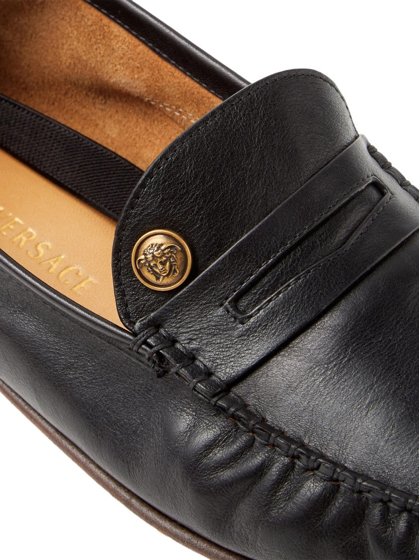 Versace Slip-On Loafers In Smooth Black Leather With Gold Emblem