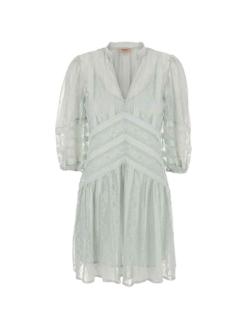 Twin-Set Delicate Lace Dress With Sheer Puff Sleeves