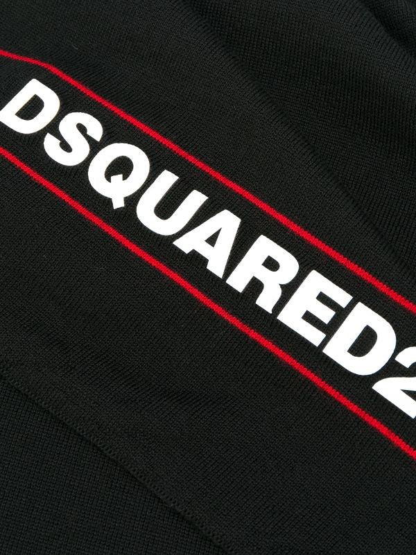 Dsquared2 Black Wool Scarf With Bold Logo And Red Accent Stripes