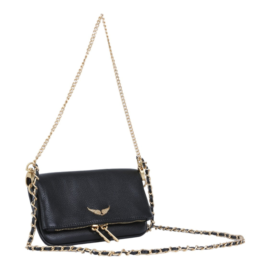 Zadig & Voltaire Pebbled Black Leather Bag With Gold Wing Emblem