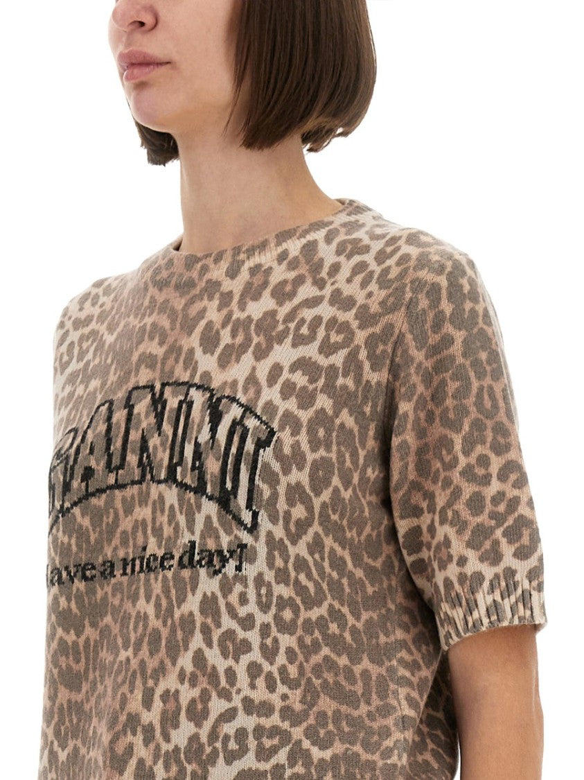 Ganni Leopard Print Ribbed Wool T-Shirt