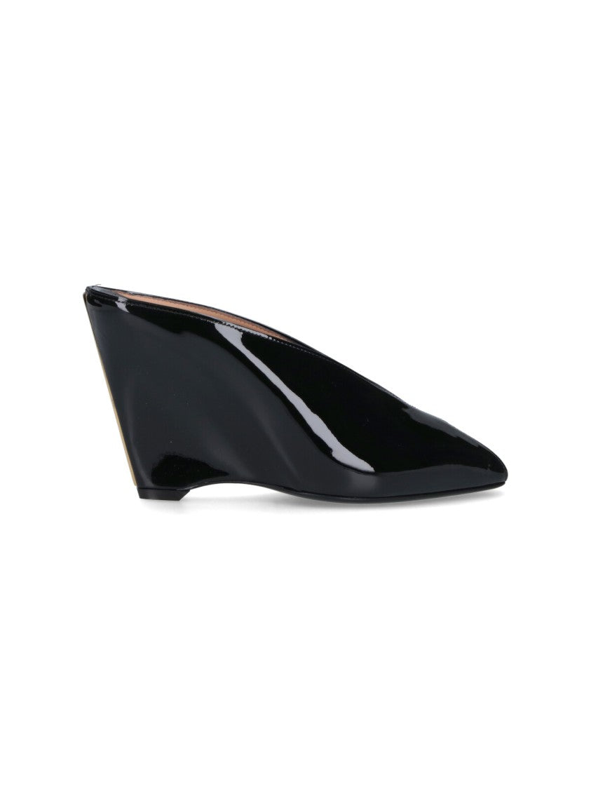 Ferragamo Wedge Mules, In Black Shiny Bull Leather