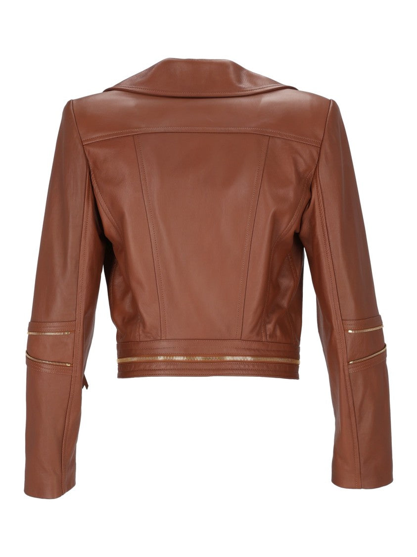 Elisabetta Franchi Cropped Leather Jacket With Asymmetrical Zipper And Gold Accents