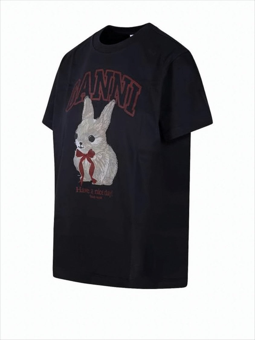 Ganni Short-Sleeved T-Shirt With Graphic Rabbit Print