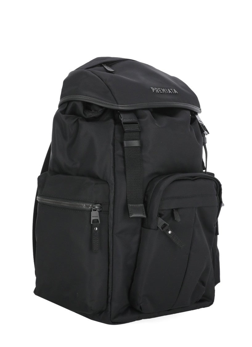 Prmt Black Nylon Backpack With Leather Insert And Versatile Storage