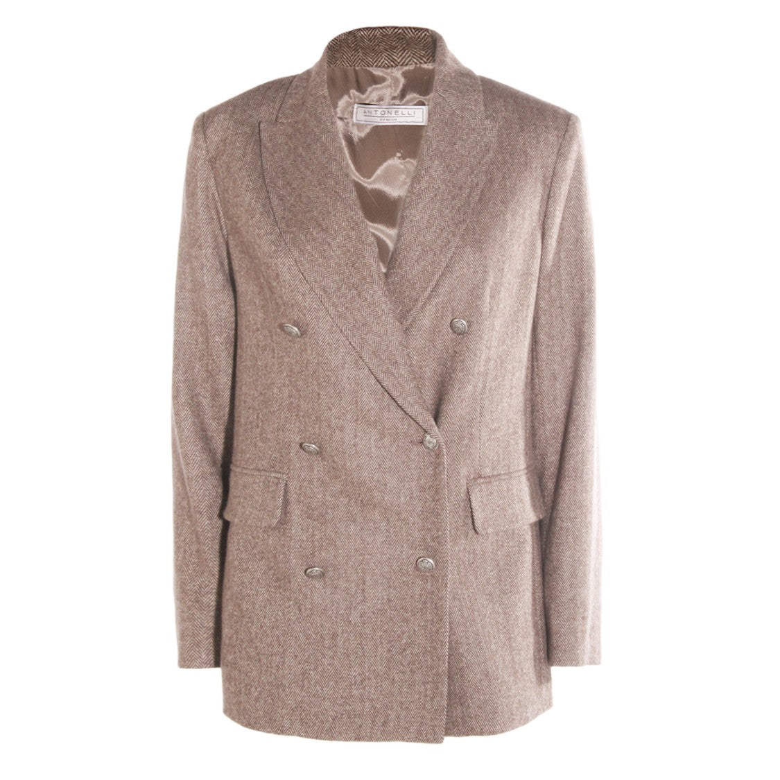 Antonelli Firenze Double-Breasted Brown Herringbone Jacket With Peak Lapels