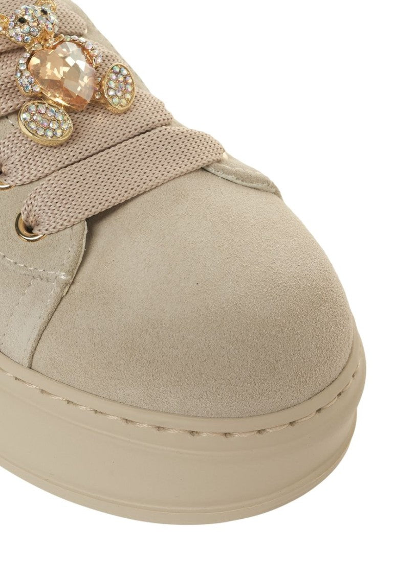 Gio+ Beige Suede Platform Sneakers With Golden Charm Laces