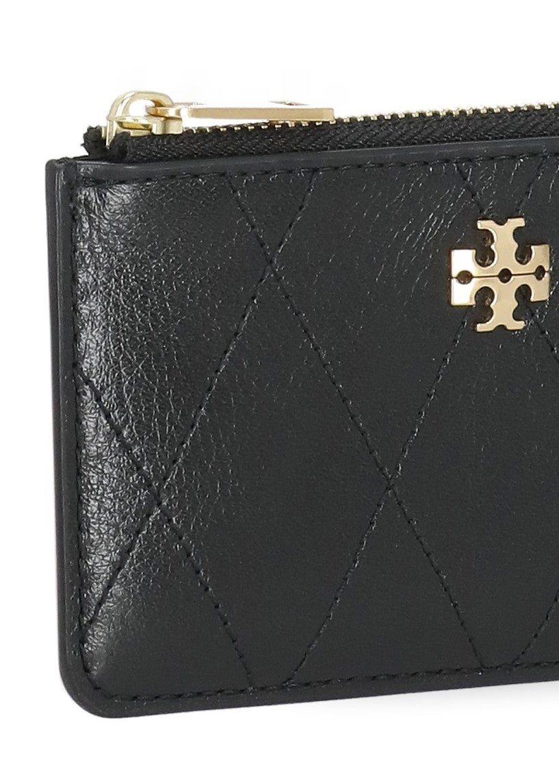 Tory Burch Black Quilted Leather Gold Logo Card Holder