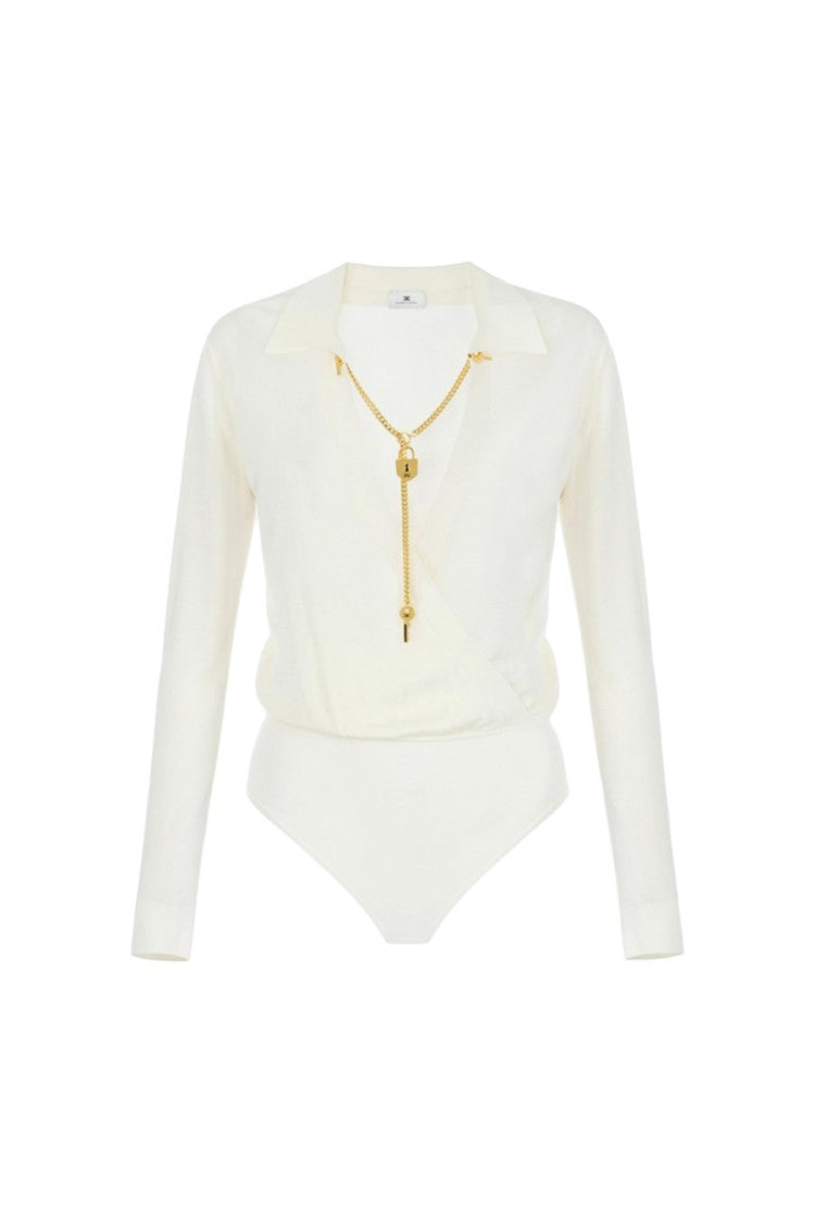 Elisabetta Franchi Ivory Wrap Point Collar Key-Charm Viscose-Blend Bodysuit